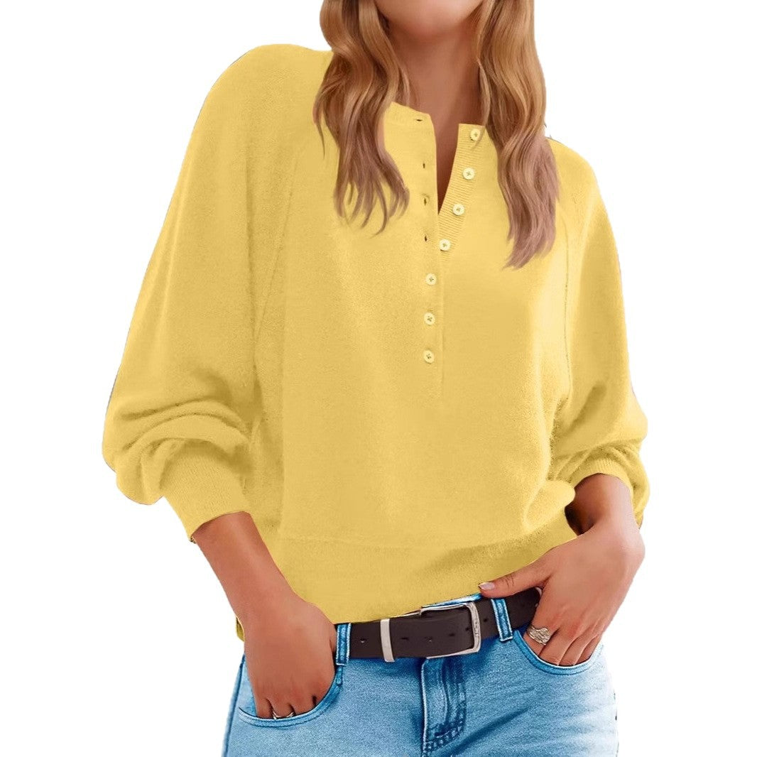 Women's Oversized V-Neck Button Lantern Sleeve Sweater