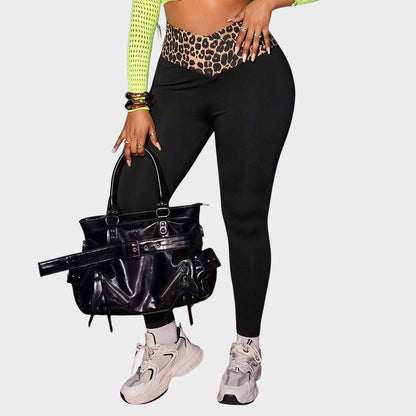 High Waist Leopard Panel Crossover Stretch Leggings