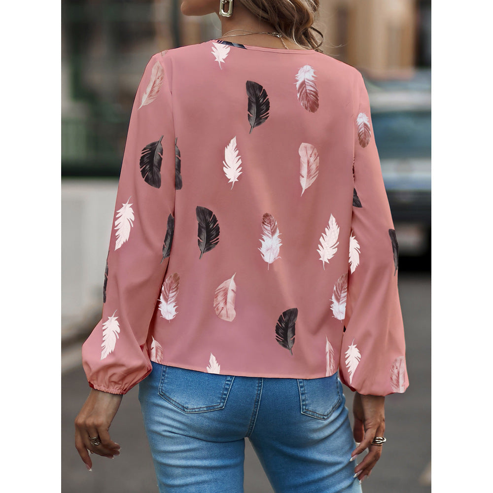 Feather Print V Neck Chiffon Blouse Long Sleeve Top