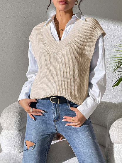 Women's Solid Color V-Neck Simple Vest Pearl Bead Vest