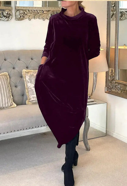 Women's Scarf Neck Velvet Maxi Dress Long Sleeve Pockets