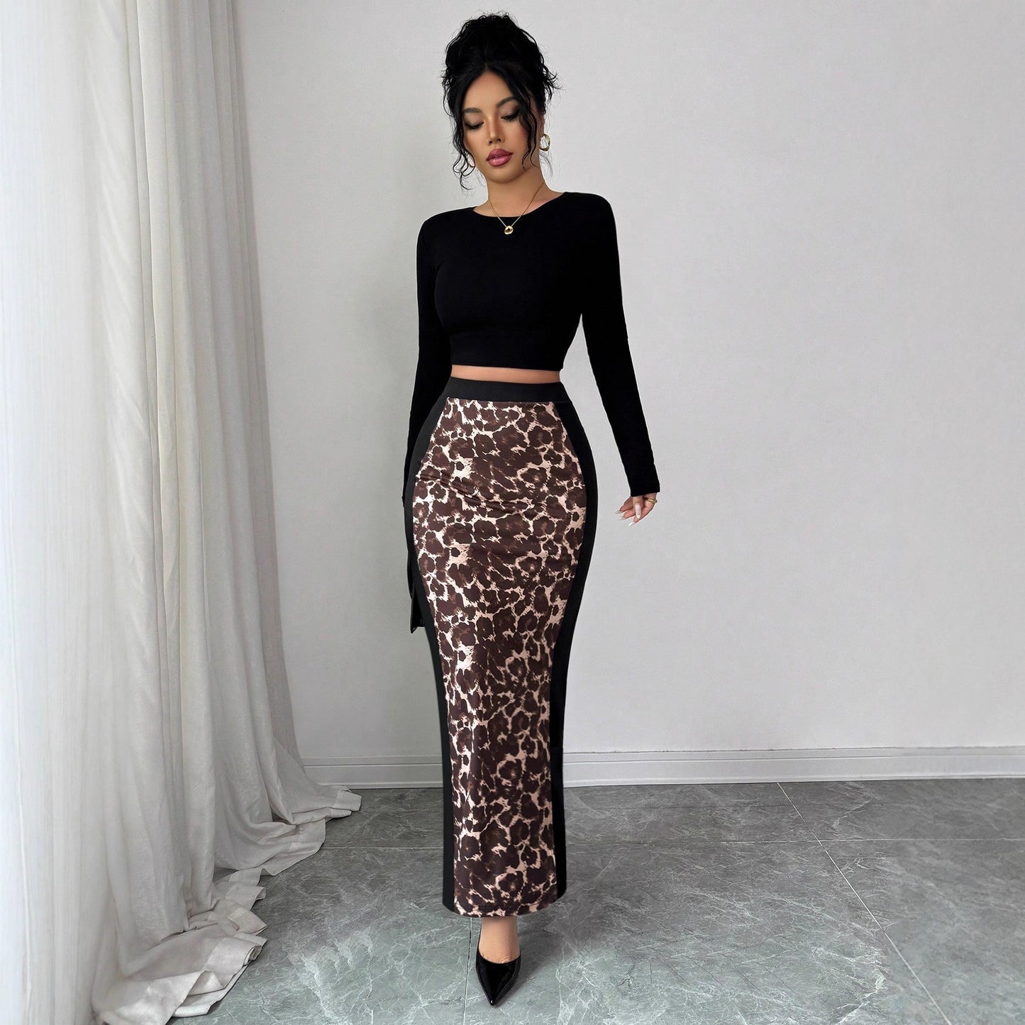 Leopard Print Colorblock Maxi Skirt High Waist Slit Skirt