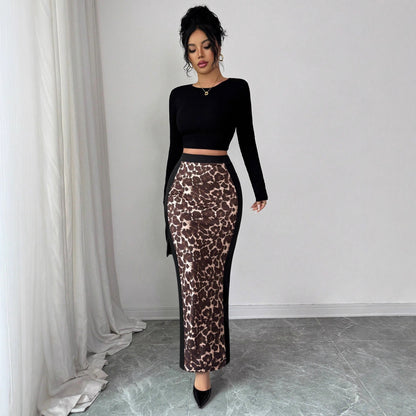 Leopard Print Colorblock Maxi Skirt High Waist Slit Skirt