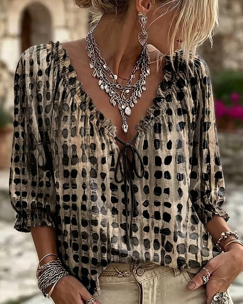 Boho Polka Dot Tie Front V Neck 3/4 Sleeve Blouse