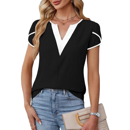 Color Block V Neck Short Sleeve Blouse for Women