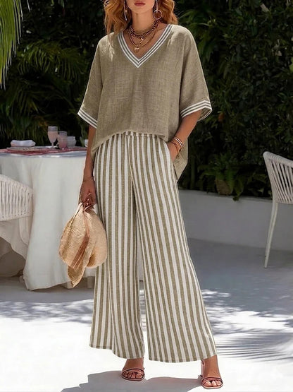 Women's Linen 2 Piece Set V Neck Top Striped Wide Leg Pants