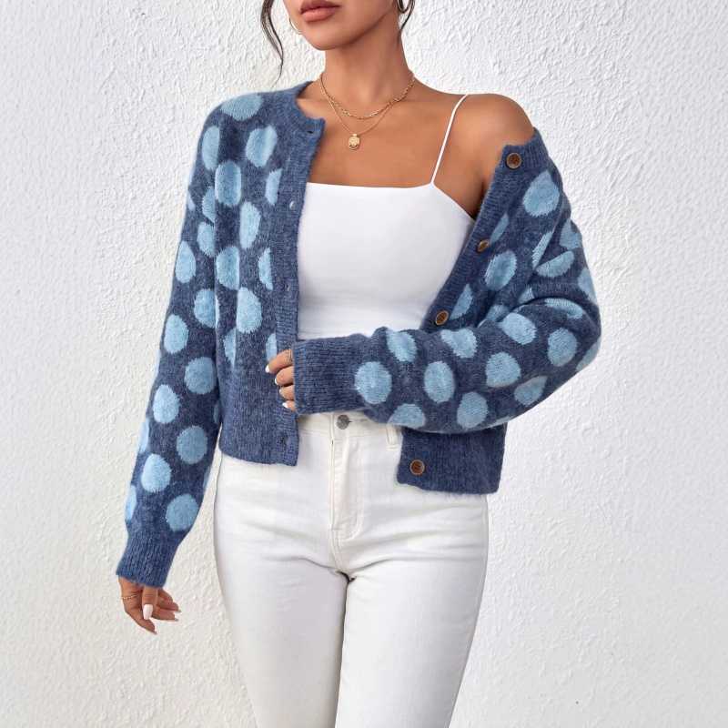 Women's Polka Dot Cropped Blue Knit Cardigan
