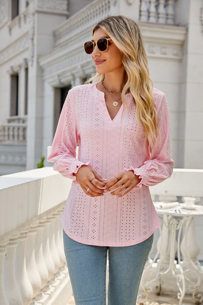 Women's Eyelet V-Neck Long Sleeve Ruffle Cuff Loose Blouse