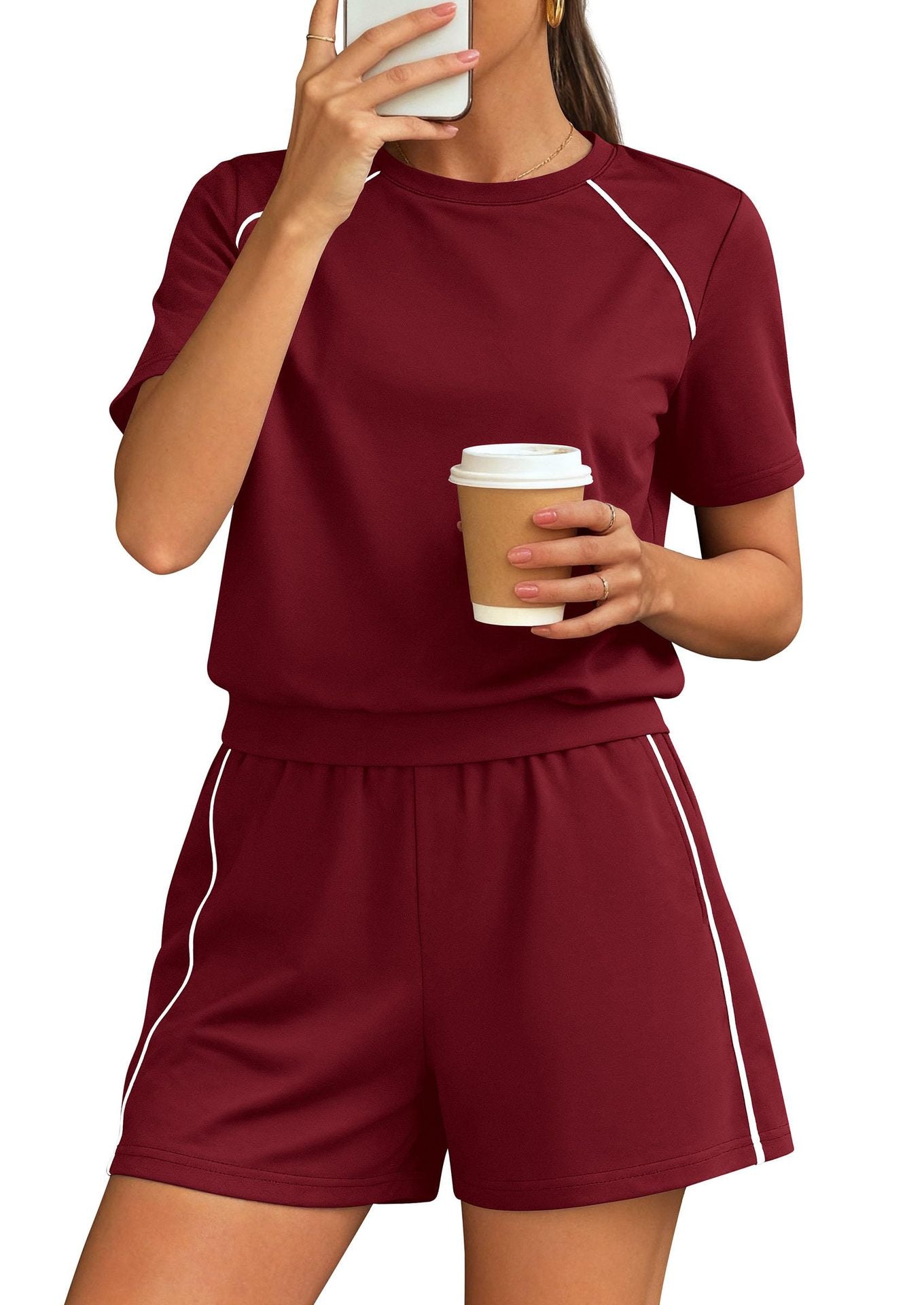 Athletic Lounge Set Contrast Trim Shorts 2 Piece Outfit