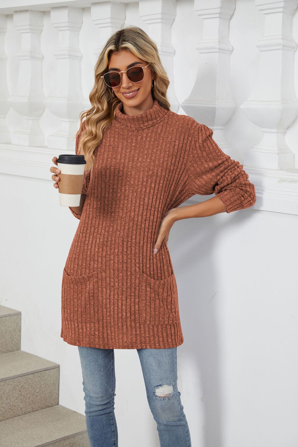 Women's Oversized Ribbed Mock Neck Tunic with Pockets
