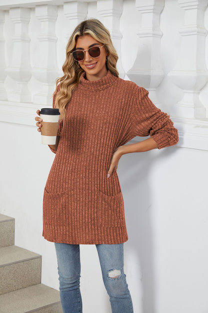 Women's Oversized Ribbed Mock Neck Tunic with Pockets