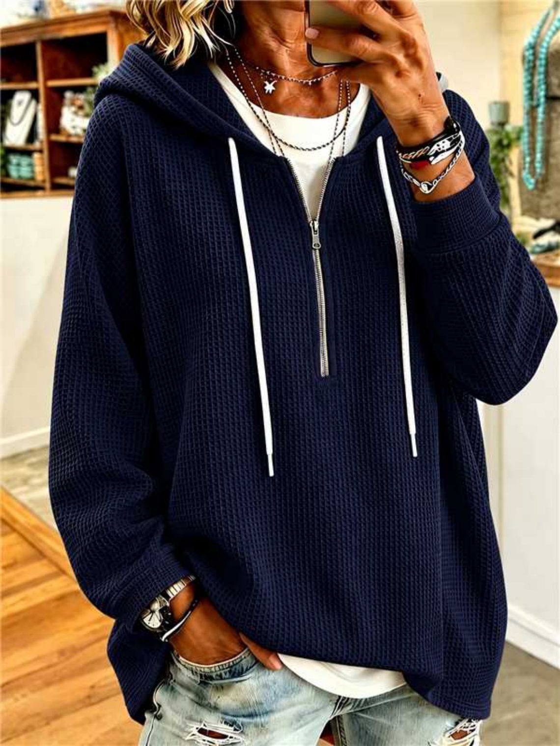 Women's Waffle Knit Half Zip Hoodie Oversized Batwing Tunic