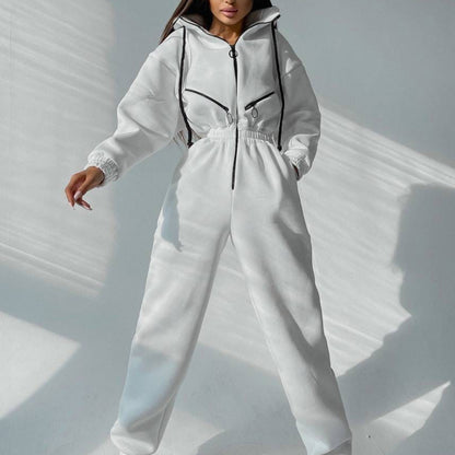 Women's Oversized Zip-Up Hooded Fleece Jumpsuit