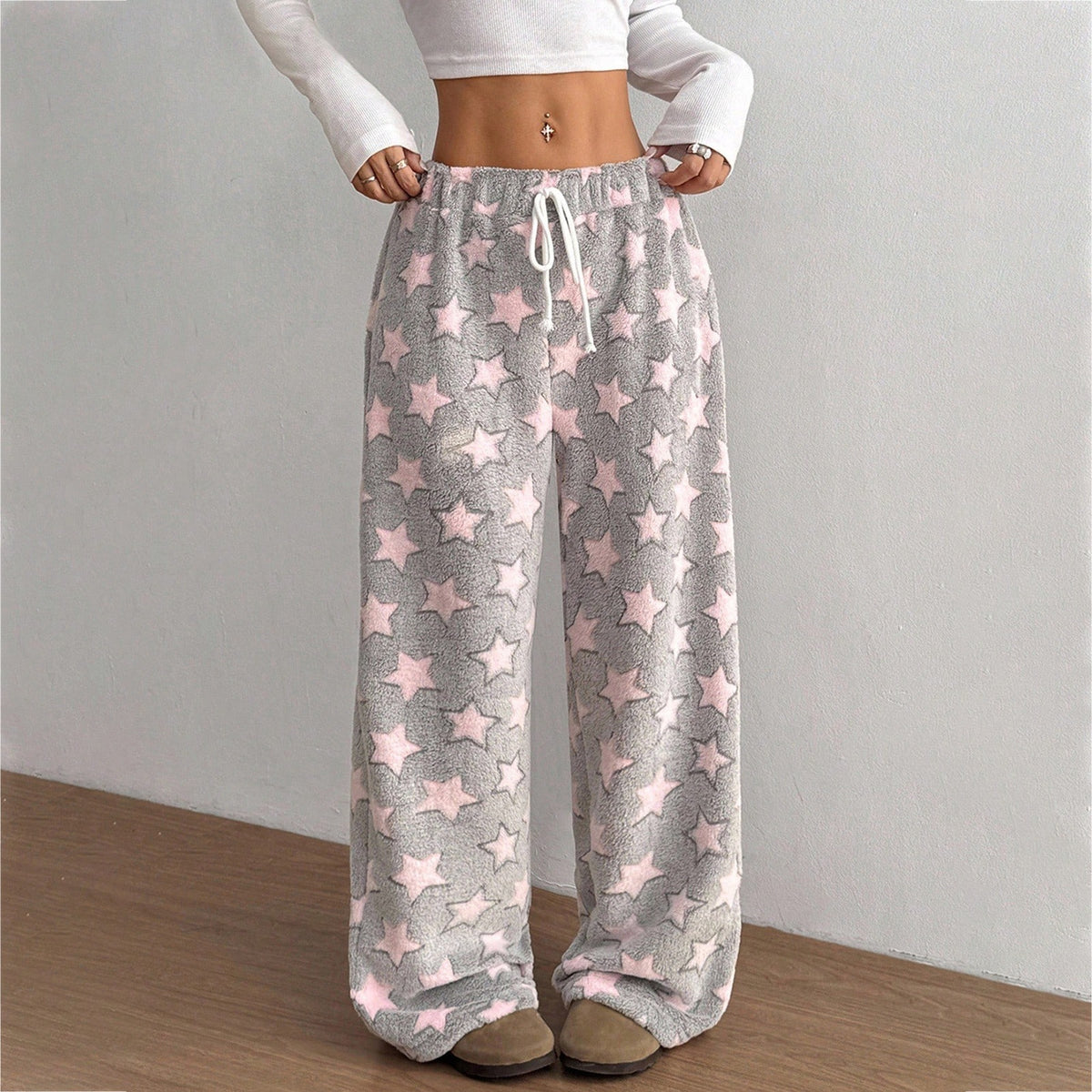 Fuzzy Star Print Wide Leg High Waist Lounge Pants