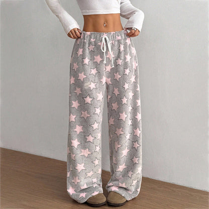 Fuzzy Star Print Wide Leg High Waist Lounge Pants