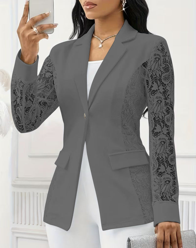 Women's Lace Sleeve Blazer One Button Elegant Jacket