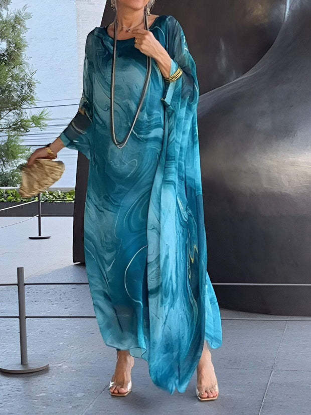 Women's Marble Chiffon Maxi Dress Batwing Plus Size