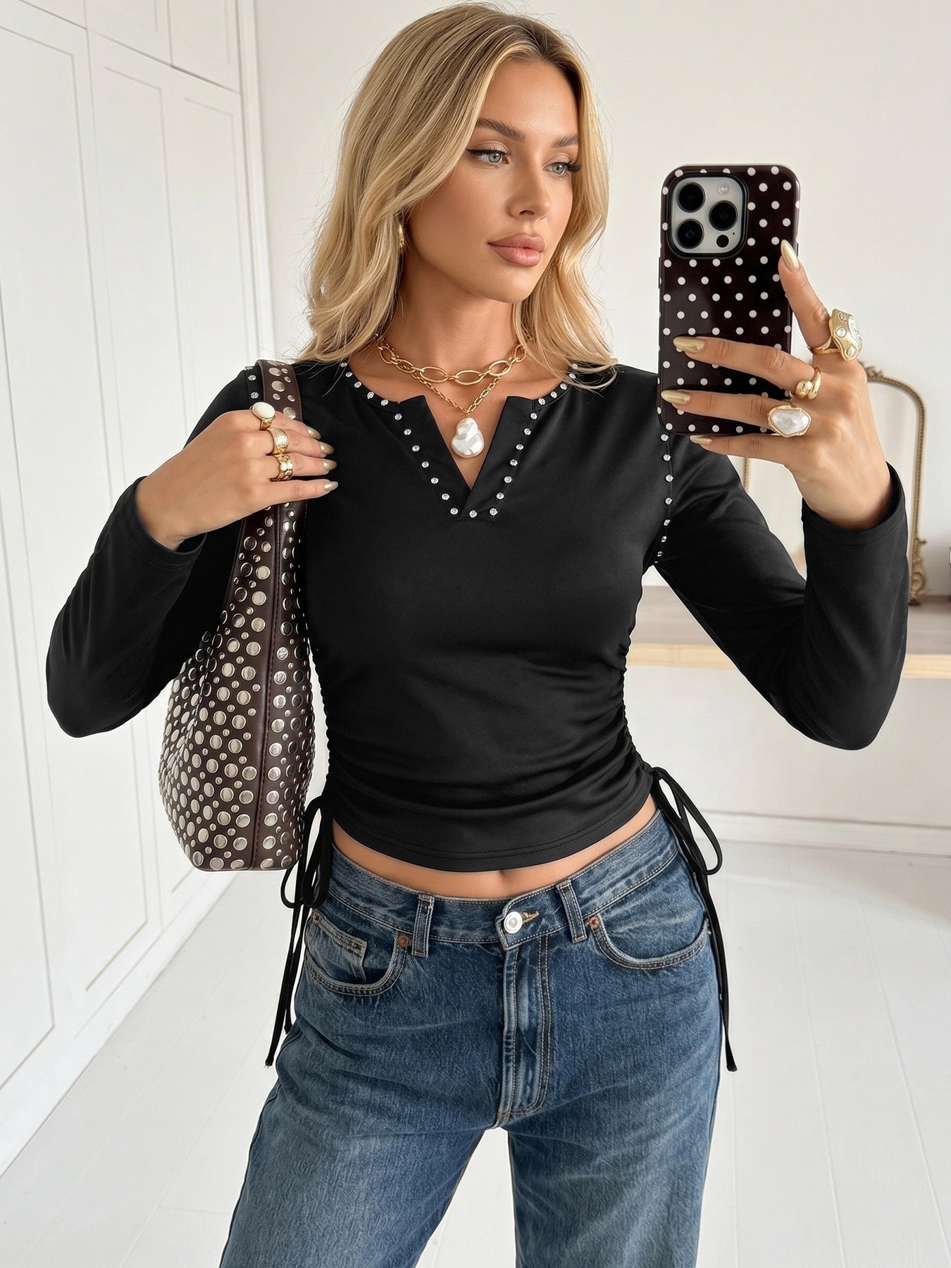 Ruched Lace Trim V Neck Long Sleeve Sexy Slim Fit Top