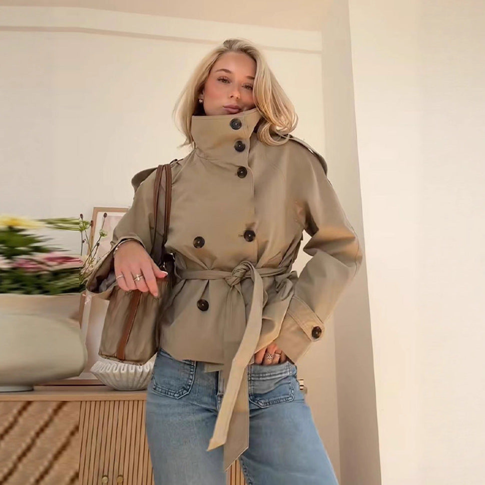 Women's Belted Double Breasted Cropped Trench Coat