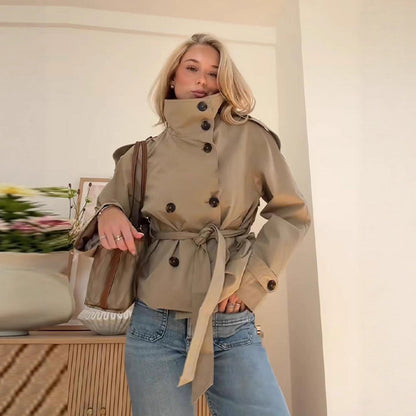Women's Belted Double Breasted Cropped Trench Coat