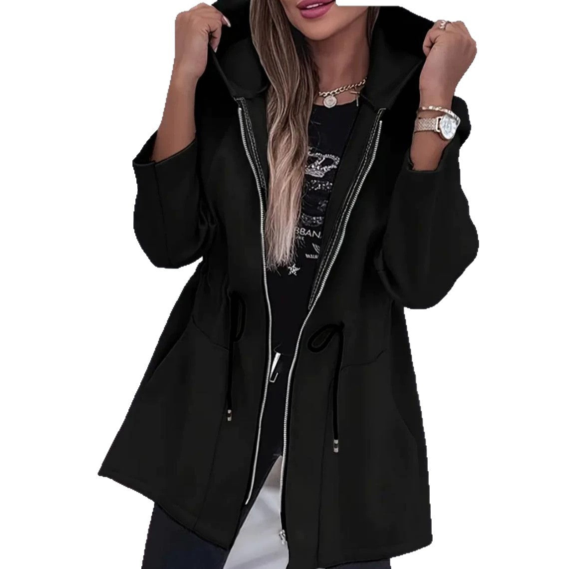 Women's Hooded Drawstring Waist Zip-Up Mid Length Jacket