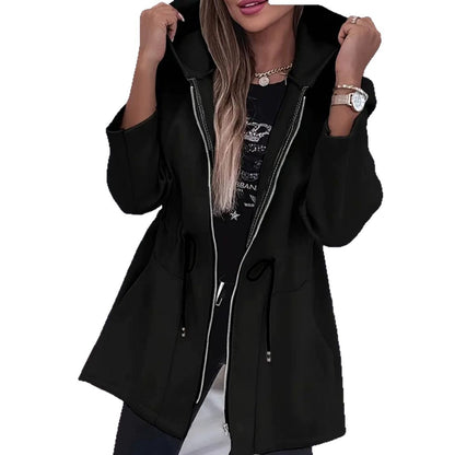 Women's Hooded Drawstring Waist Zip-Up Mid Length Jacket