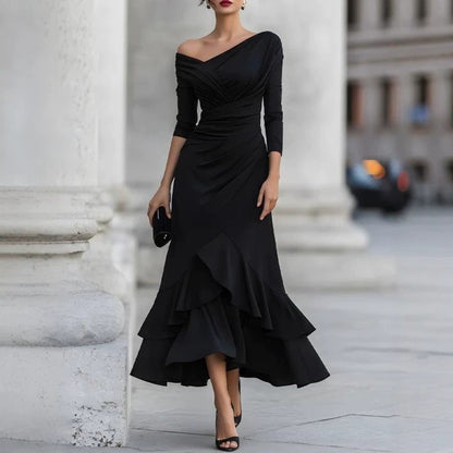 Off Shoulder V Neck Ruched Ruffle Midi Dress Long Sleeve