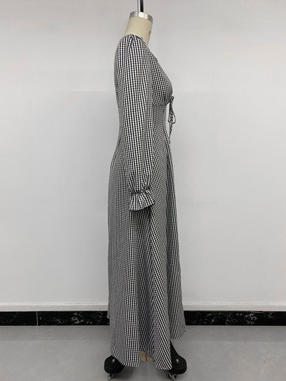Women's Plaid V-Neck Ruffle Long Sleeve Maxi Dress