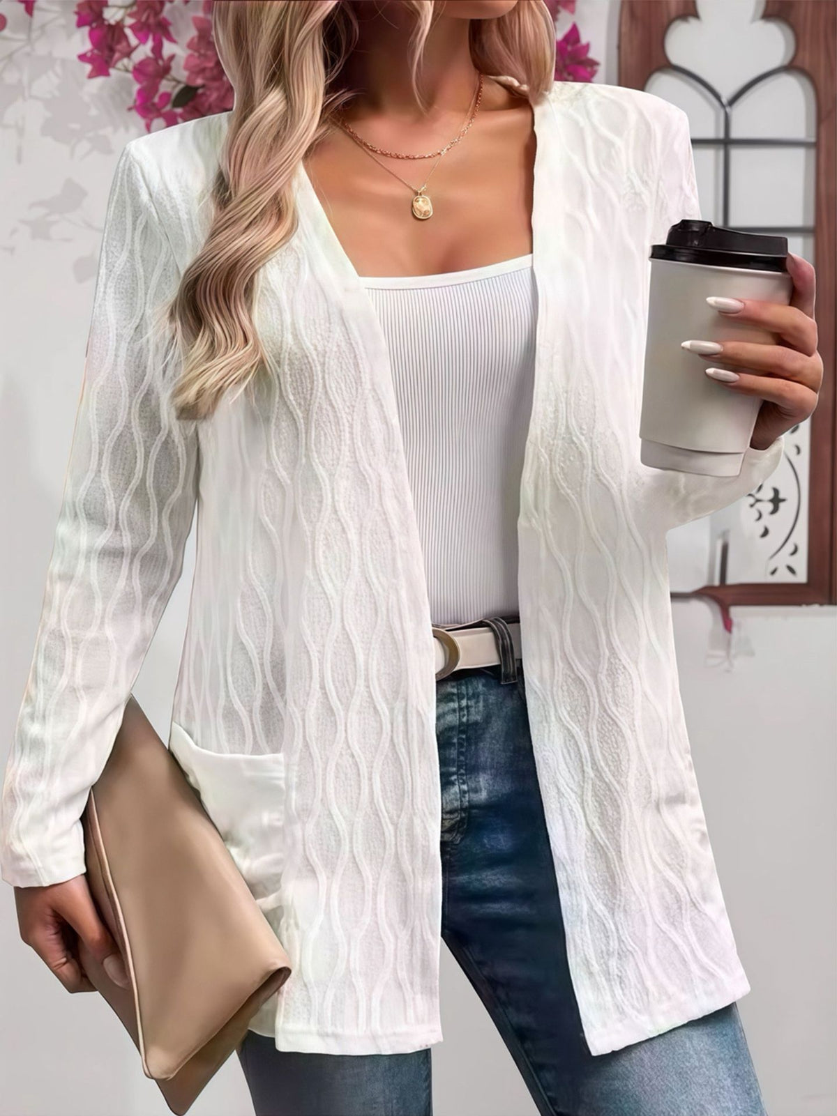 Women's Open Front Cable Knit Cardigan Sweater Pockets