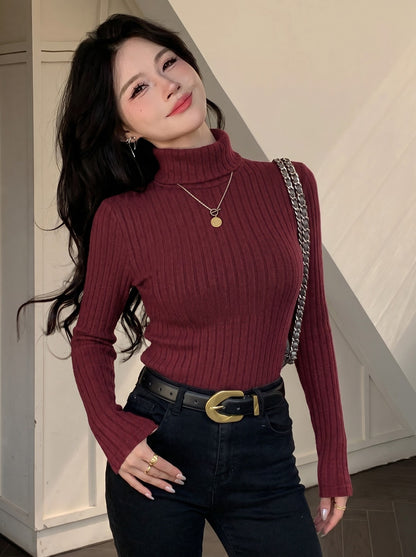 Women's Ribbed Turtleneck Long Sleeve Fitted Top