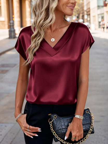 Satin V-Neck Short Sleeve Top Elegant Work & Casual Blouse