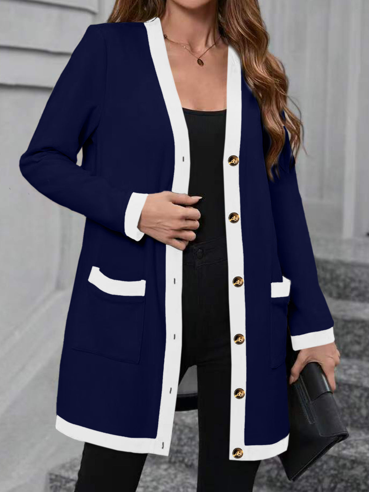 Women's Color Block V-Neck Button Front Long Cardigan