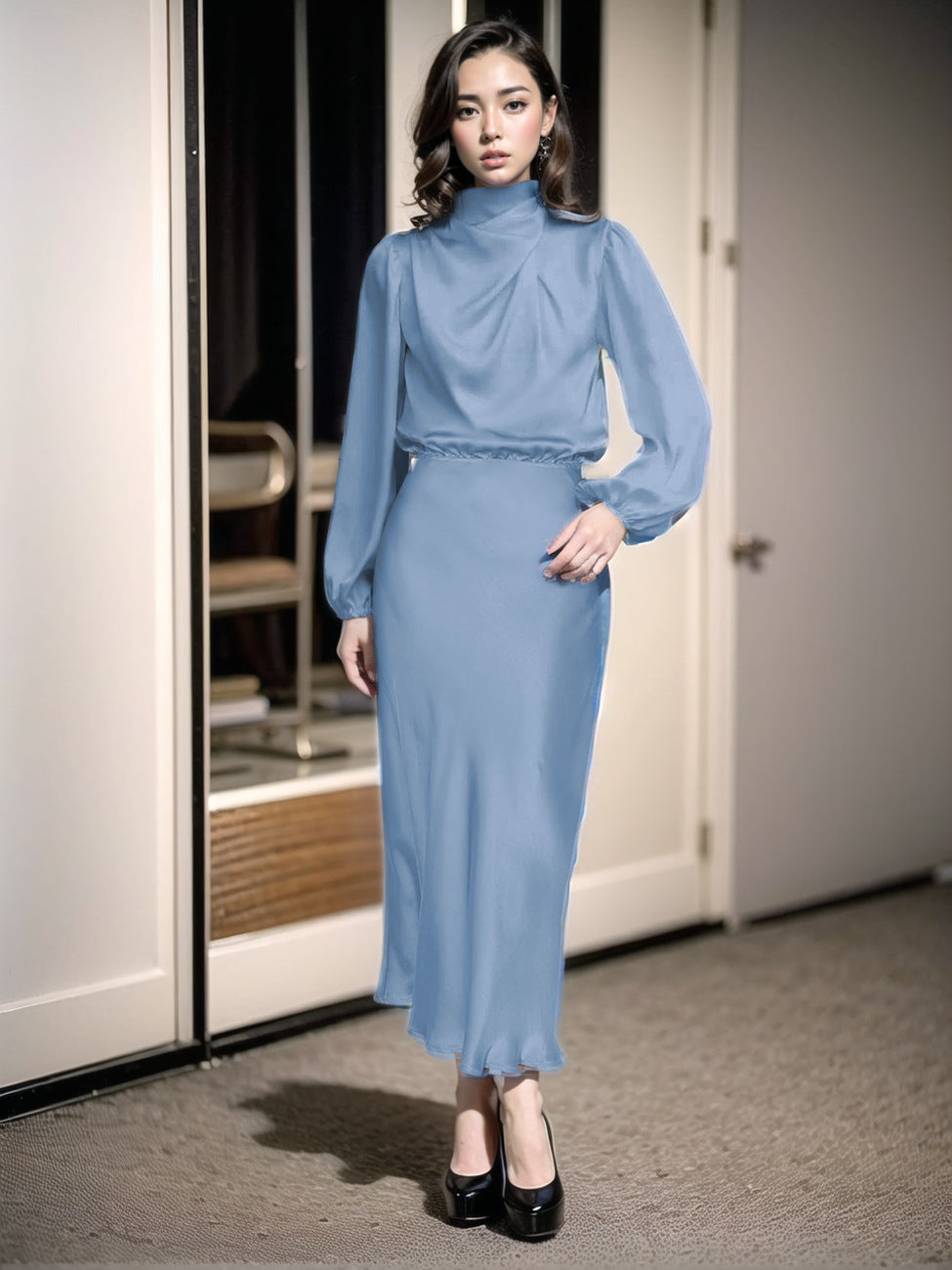 Elegant Satin Mock Neck Long Sleeve Midi Dress