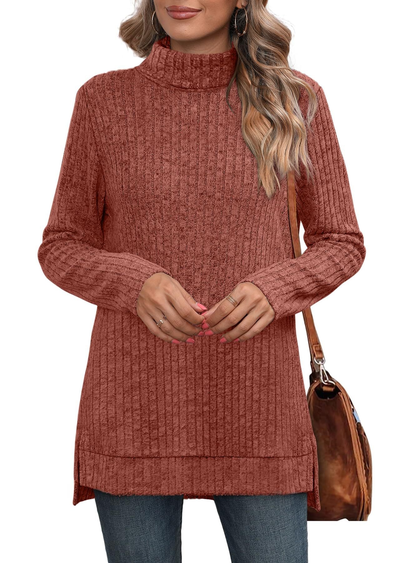 Women's Oversized Cowl Neck Long Sleeve Side Slit Tunic Top