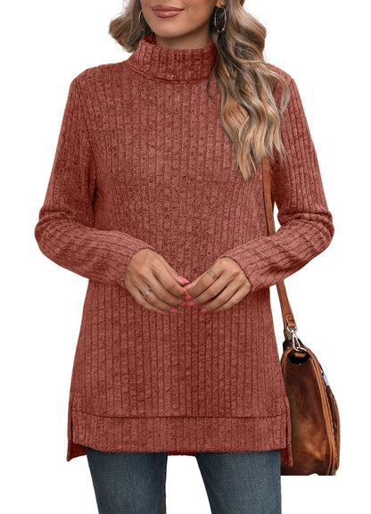 Women's Oversized Cowl Neck Long Sleeve Side Slit Tunic Top