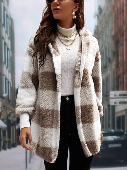 Women's Oversized Plaid Hooded Cardigan Sweater