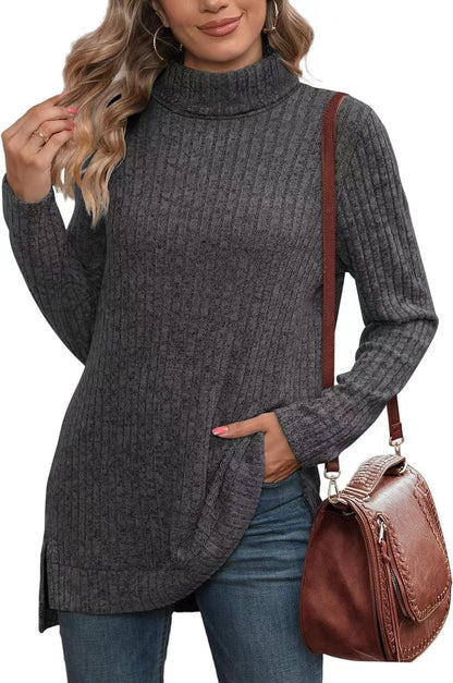 Oversized Ribbed Turtleneck Tunic Top Side Split
