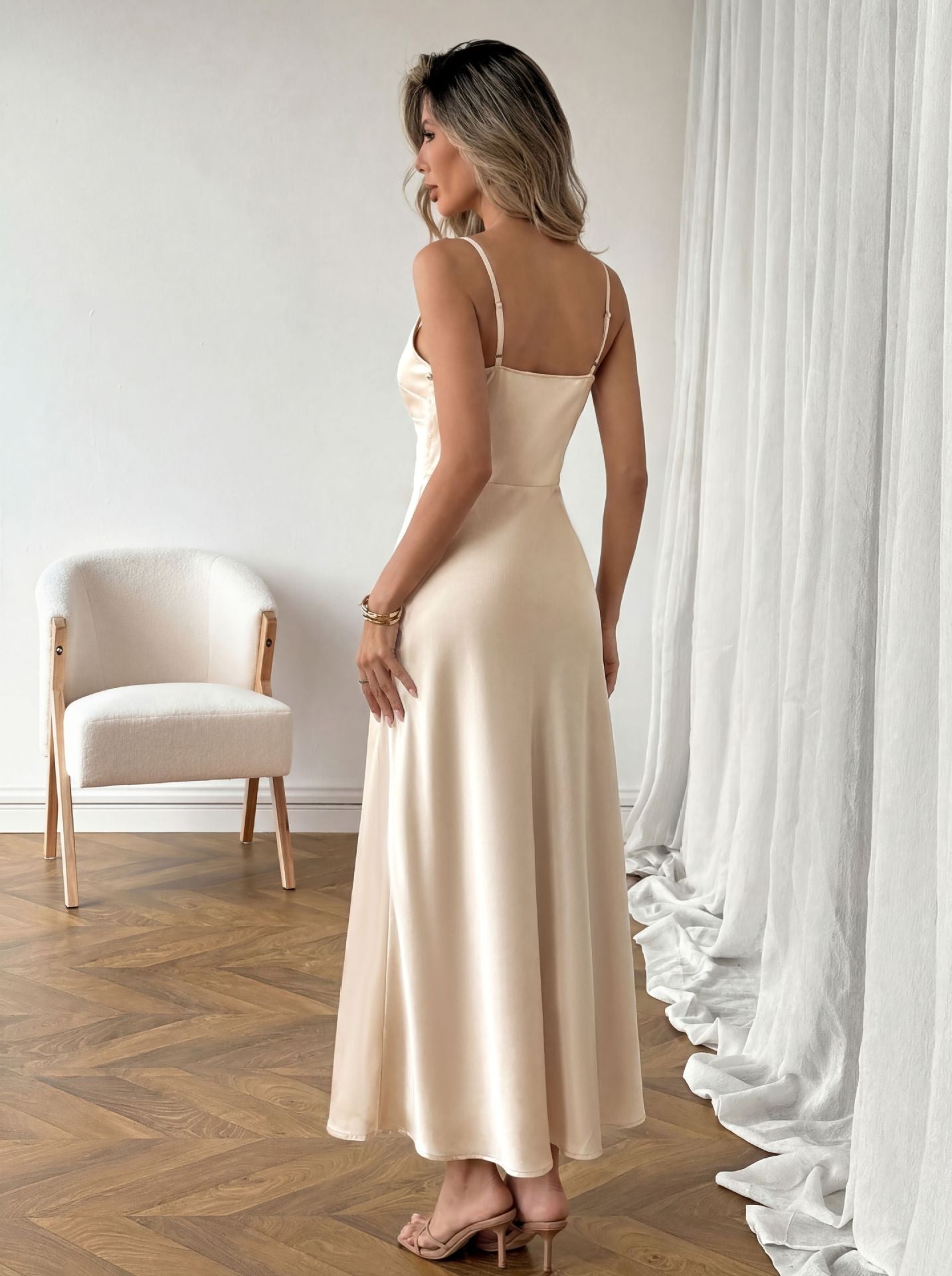 Satin Maxi Dress V Neck Cami Waist Tie Elegant