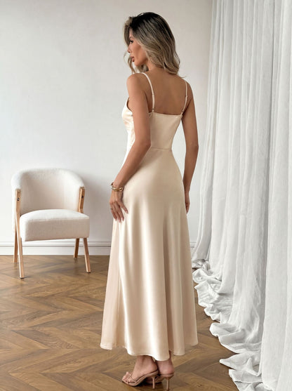Satin Maxi Dress V Neck Cami Waist Tie Elegant