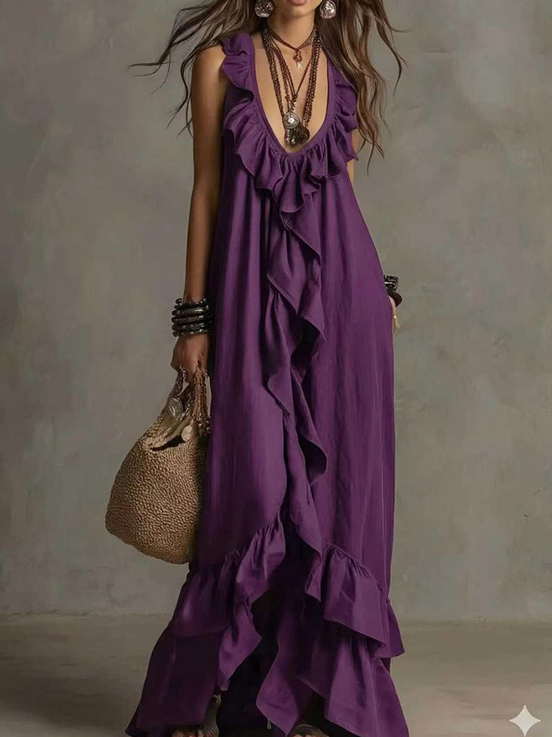 Women's Boho Ruffle V-Neck Sleeveless Maxi Dress