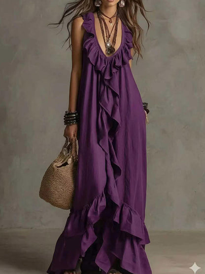 Women's Boho Ruffle V-Neck Sleeveless Maxi Dress