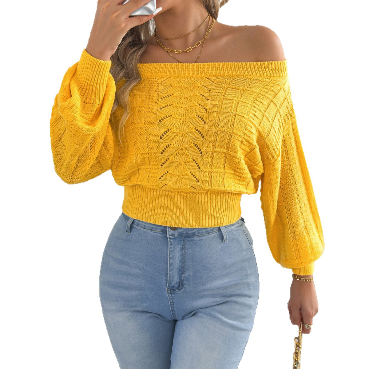 Off Shoulder Cutout Cropped Sweater Lantern Sleeve Top