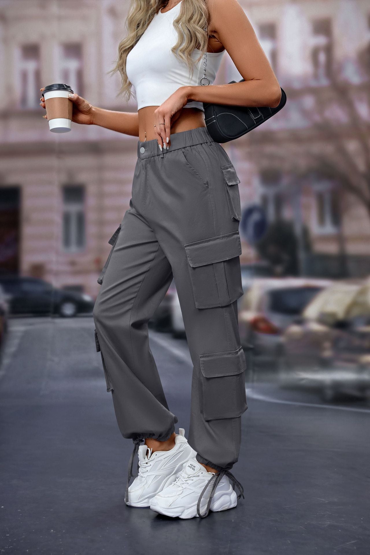 Women's High-Waist Cargo Pants with 8 Pockets, Loose Fit Streetwear