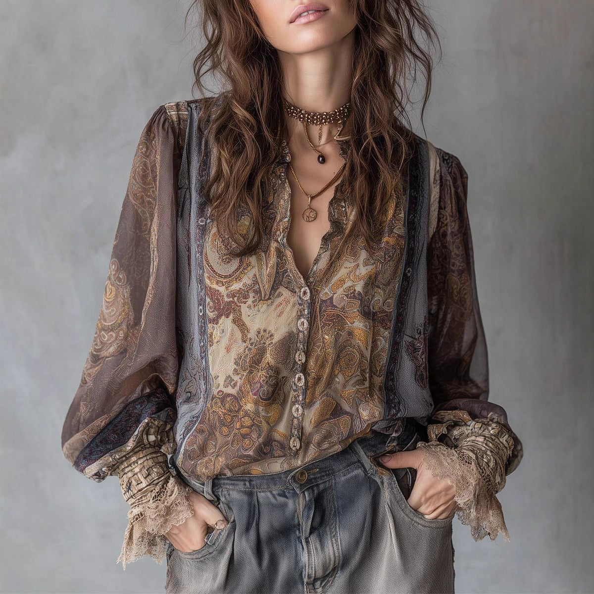 Women's Boho Paisley Lace Trim Linen Blend Blouse