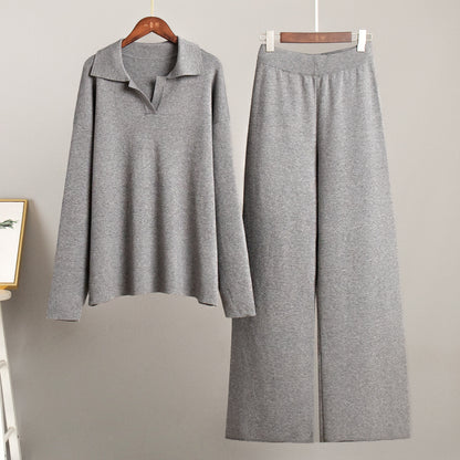 Women's Polo Knit Sweater Set with Wide Leg Pants