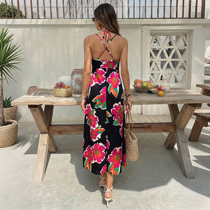 Floral Print Spaghetti Strap Dress Mid-Length Vacation Style
