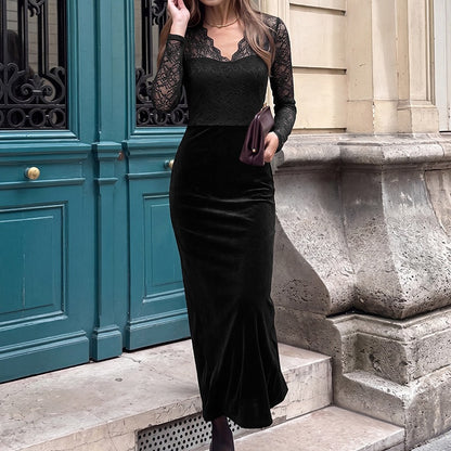 Velvet Lace Maxi Dress Long Sleeve V-Neck Bodycon