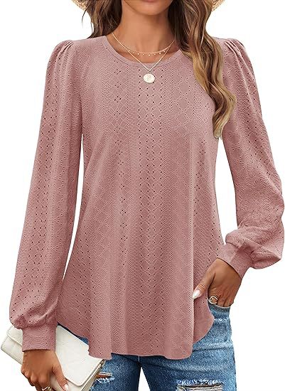 Solid Eyelet Lace Blouse Crew Neck Lantern Sleeve Top