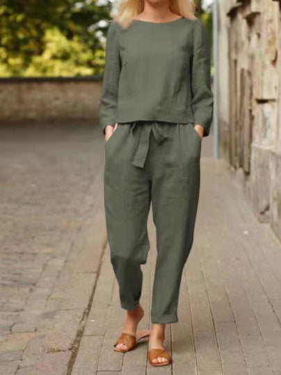 Women's Linen Blend Two Piece Set Long Sleeve Top & Pants