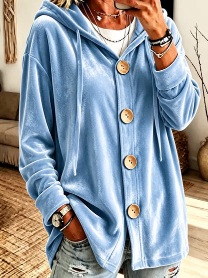 Women's Oversized Velvet Hoodie Cardigan Button Front